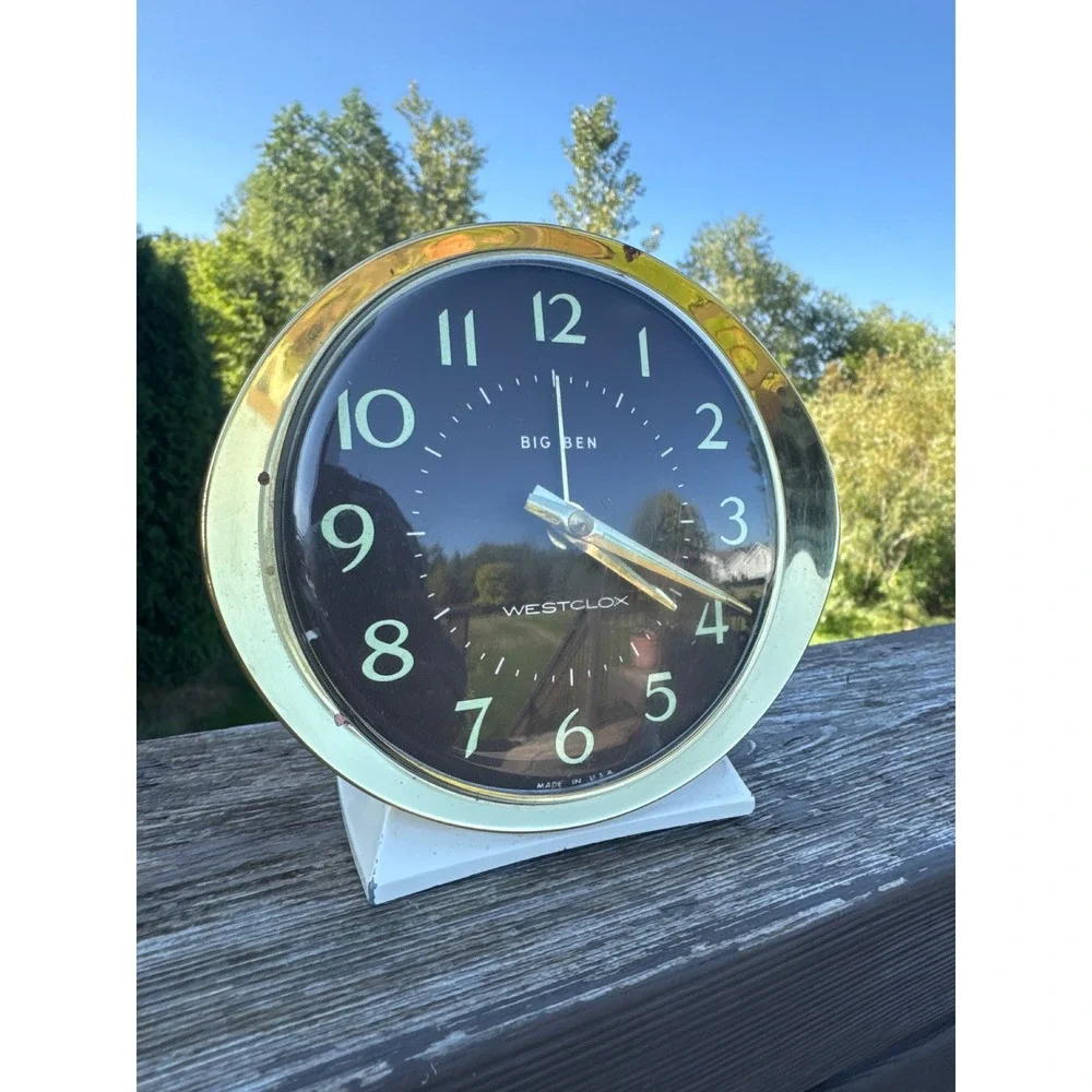 Westclox Big Ben Alarm Clock Black Face Brass Bezel Made in USA Vtg MCM Prop